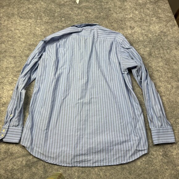 Lacoste Dress Shirt Mens 2XL Size 46 Blue Brown Striped Button Up Logo Pocket - Picture 2 of 9